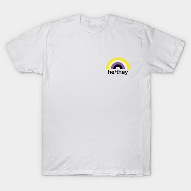 He/They Pronouns Nonbinary Rainbow T-Shirt by lavenderhearts